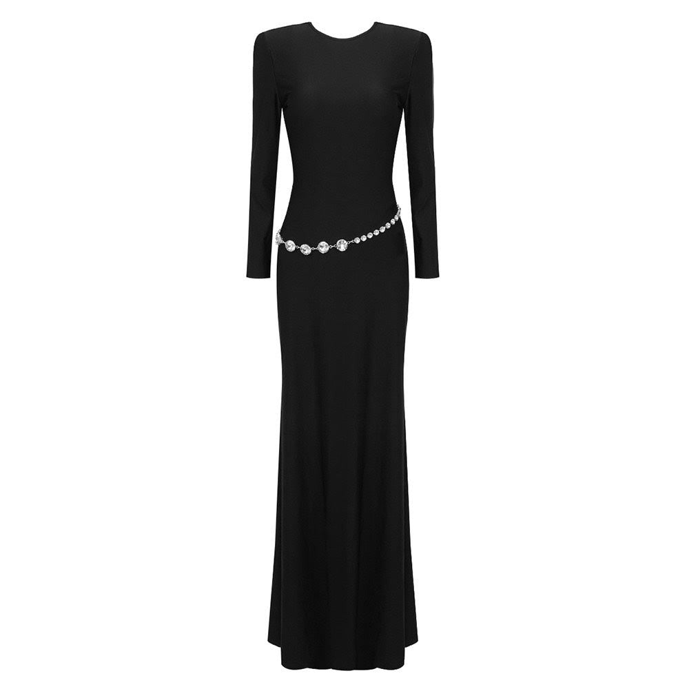 BLACK LONG SLEEVE BACKLESS DRESS WITH CRYSTAL BELT