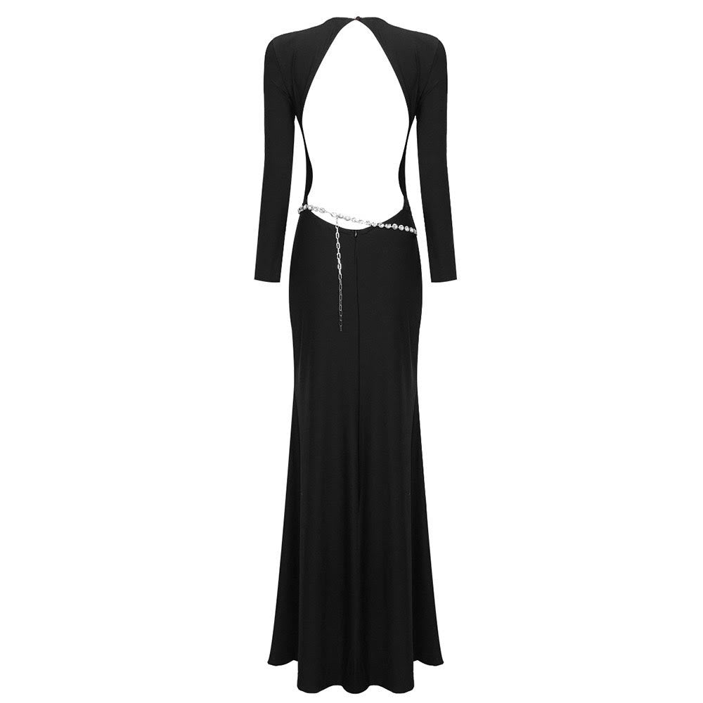 BLACK LONG SLEEVE BACKLESS DRESS WITH CRYSTAL BELT