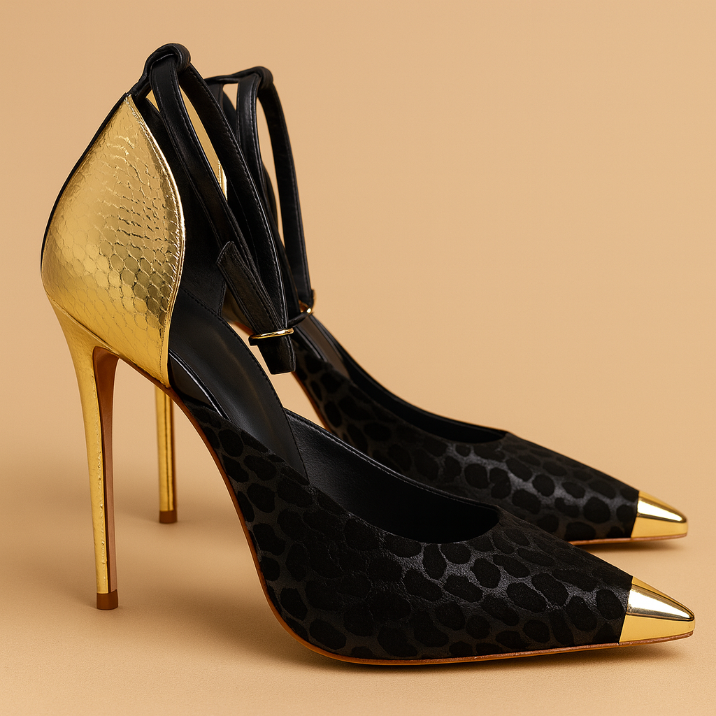 HONEY GOLD AND BLACK HEELS – Rossario George