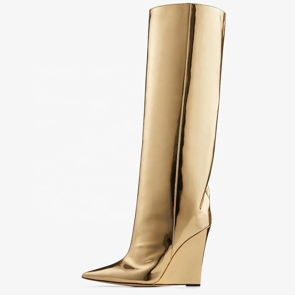 GOLD KNEE HIGH WEDGE BOOTS