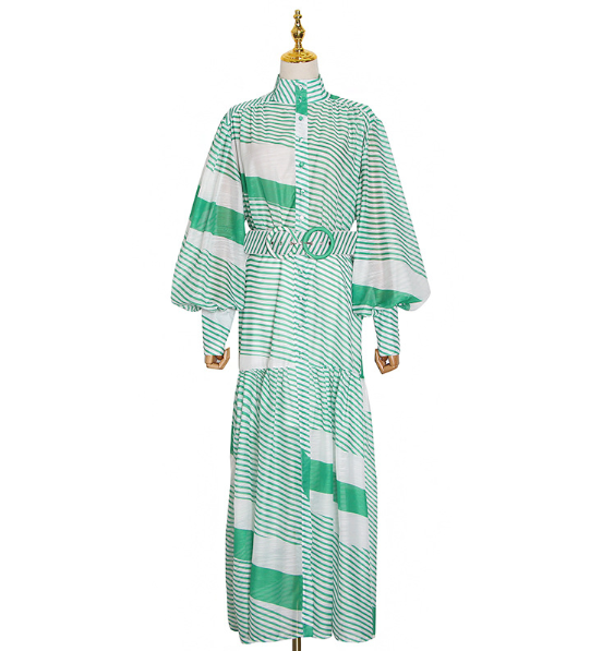 GREEN AND WHITE MINT STRIPED BELTED BOHEMIAN STYLE MAXI DRESS