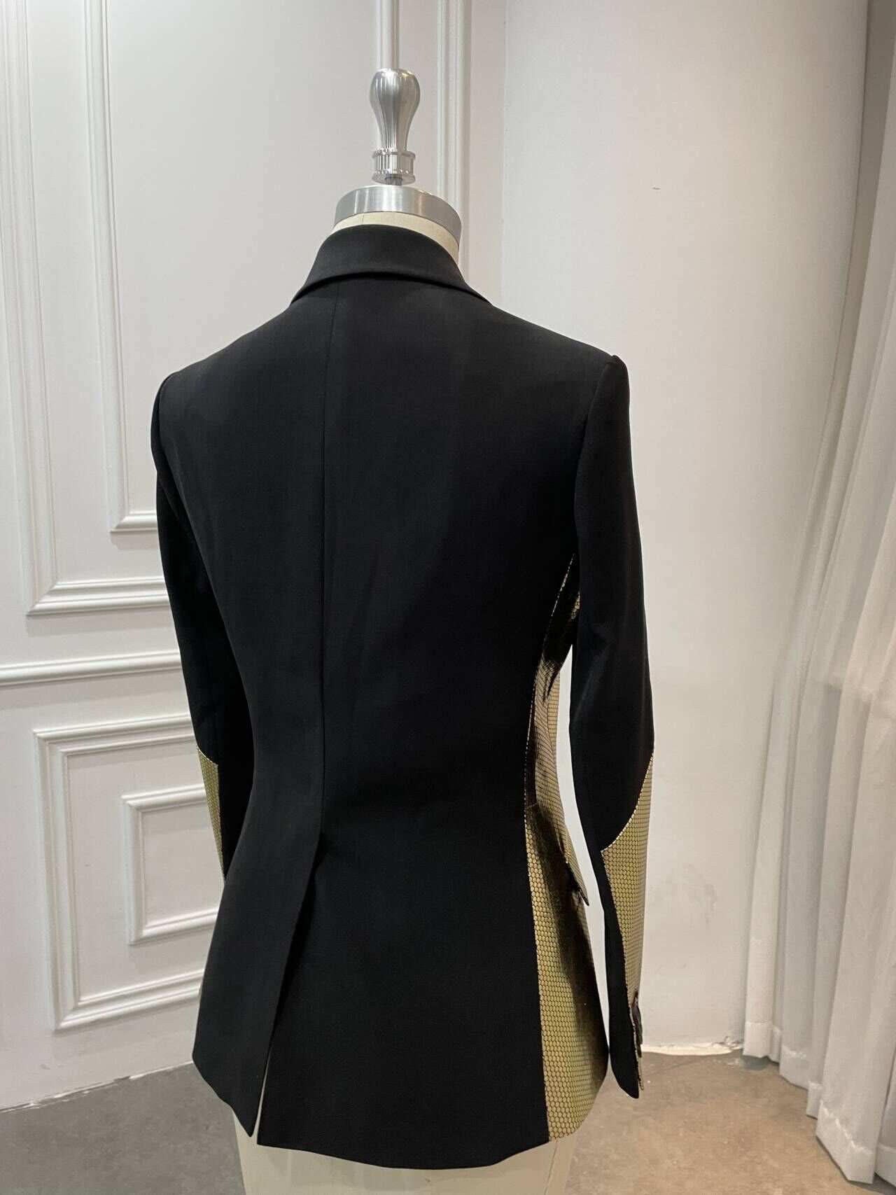 Honeycomb patterned Gold and Black Blazer and Pant Suit