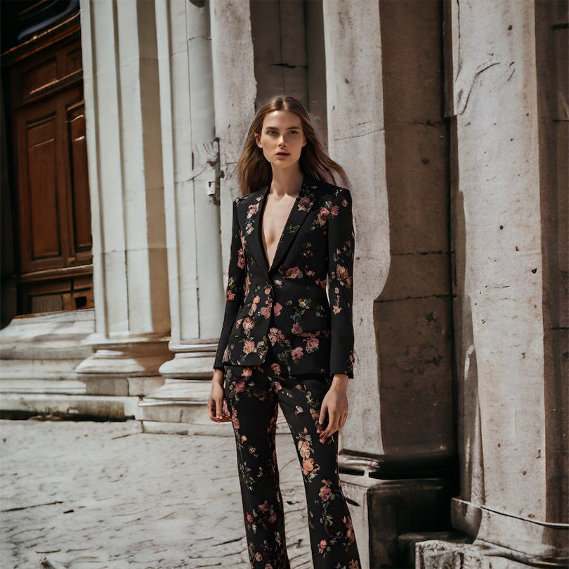 2 PIECE BLACK FLORAL PRINT BLAZER & LONG PANT SUIT