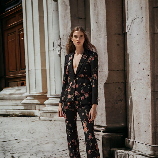 2 PIECE BLACK FLORAL PRINT BLAZER & LONG PANT SUIT