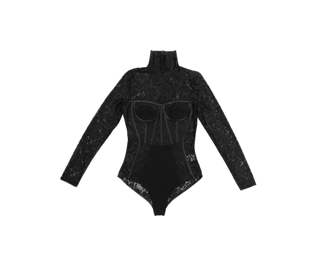 BLACK HIGH NECK LACE BODYSUIT