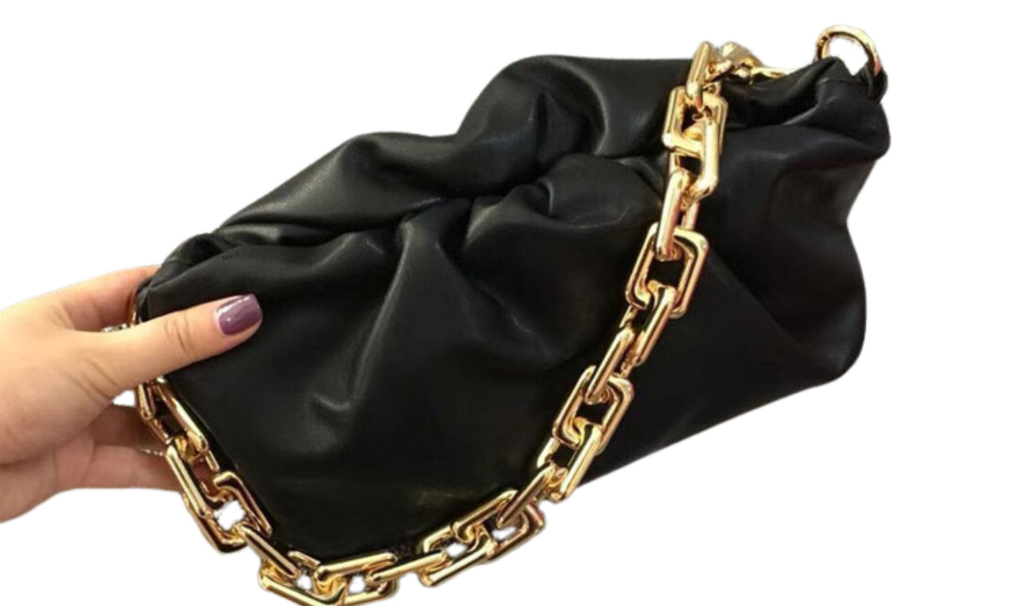 BLACK AND GOLD THICK CHAIN VEGAN LEATHER SHOULDER BAG