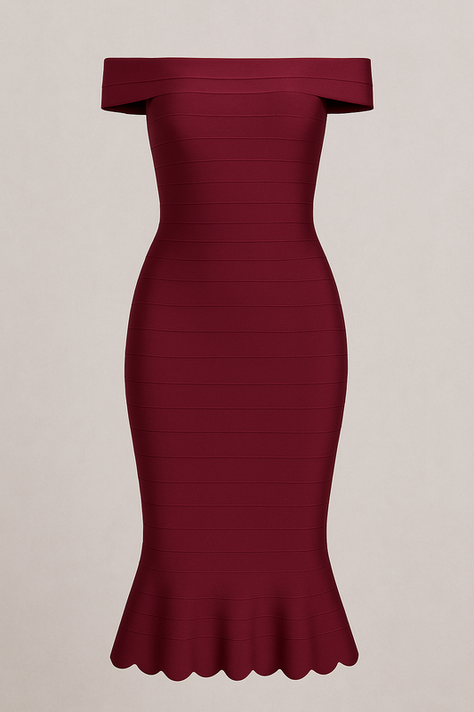 Cabernet Off-the-Shoulder Scalloped Bandage Dress -  (Available December 1st - Preorder Now)