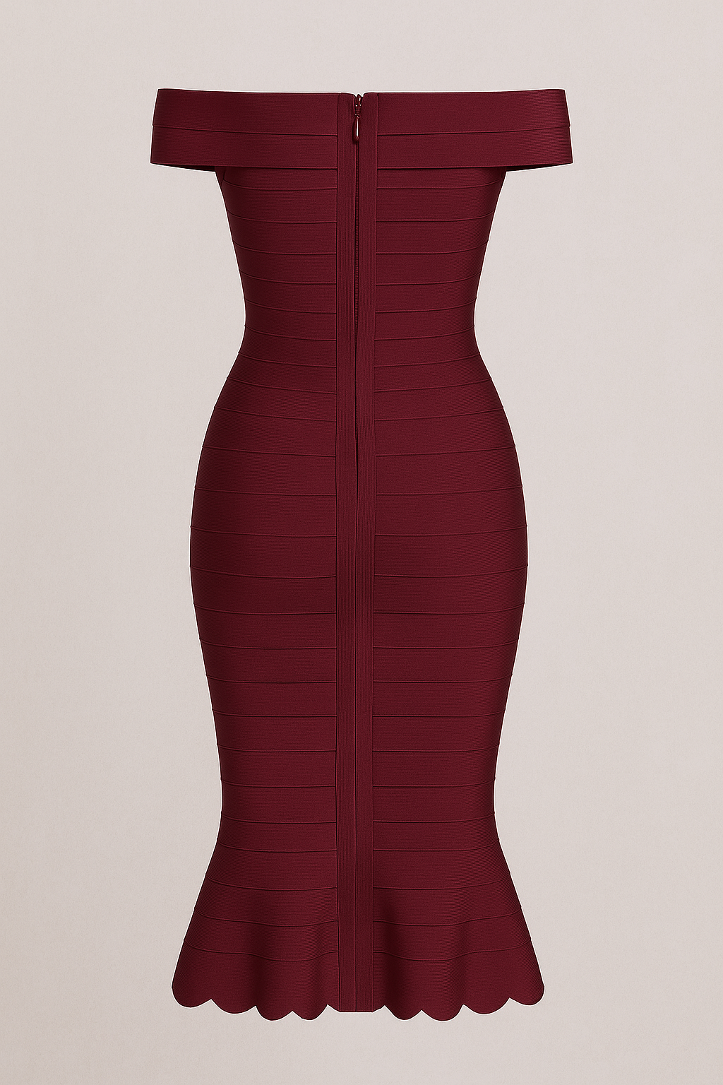 Cabernet Off-the-Shoulder Scalloped Bandage Dress -  (Available December 1st - Preorder Now)
