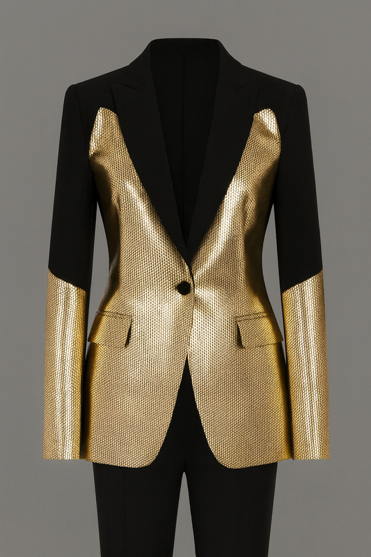Honeycomb patterned Gold and Black Blazer and Pant Suit