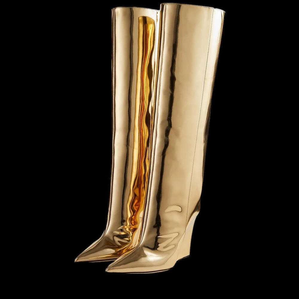 GOLD KNEE HIGH WEDGE BOOTS