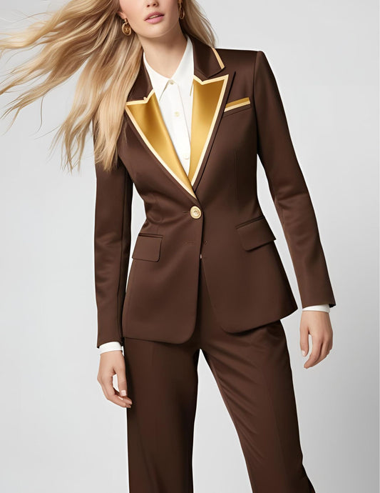CHOCOLATE & GOLD SATIN TRIMMED BLAZER AND PANT SUIT
