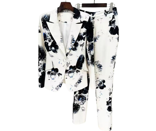 2 PIECE WHITE AND BLACK FLORAL SUIT